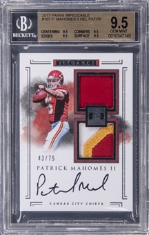 2017 Panini Impeccable "Elegance" #107 Patrick Mahomes II Signed Helmet Patch Rookie Card (#43/75) - BGS GEM MINT 9.5/BGS 10